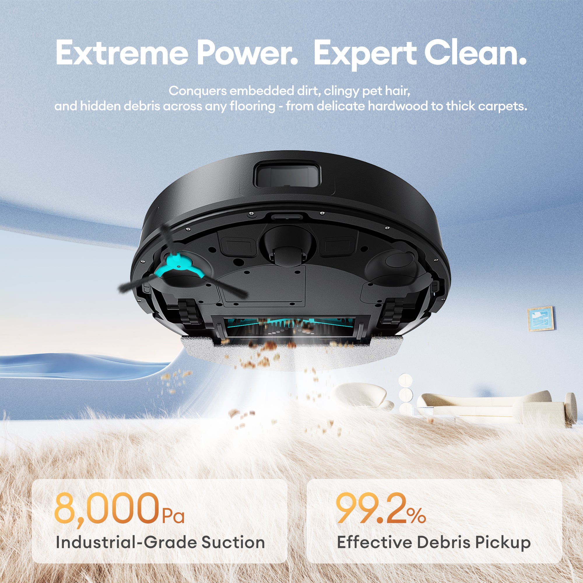 Ultenic T20 Pro robot vacuum demonstrating 8000Pa suction power on floor