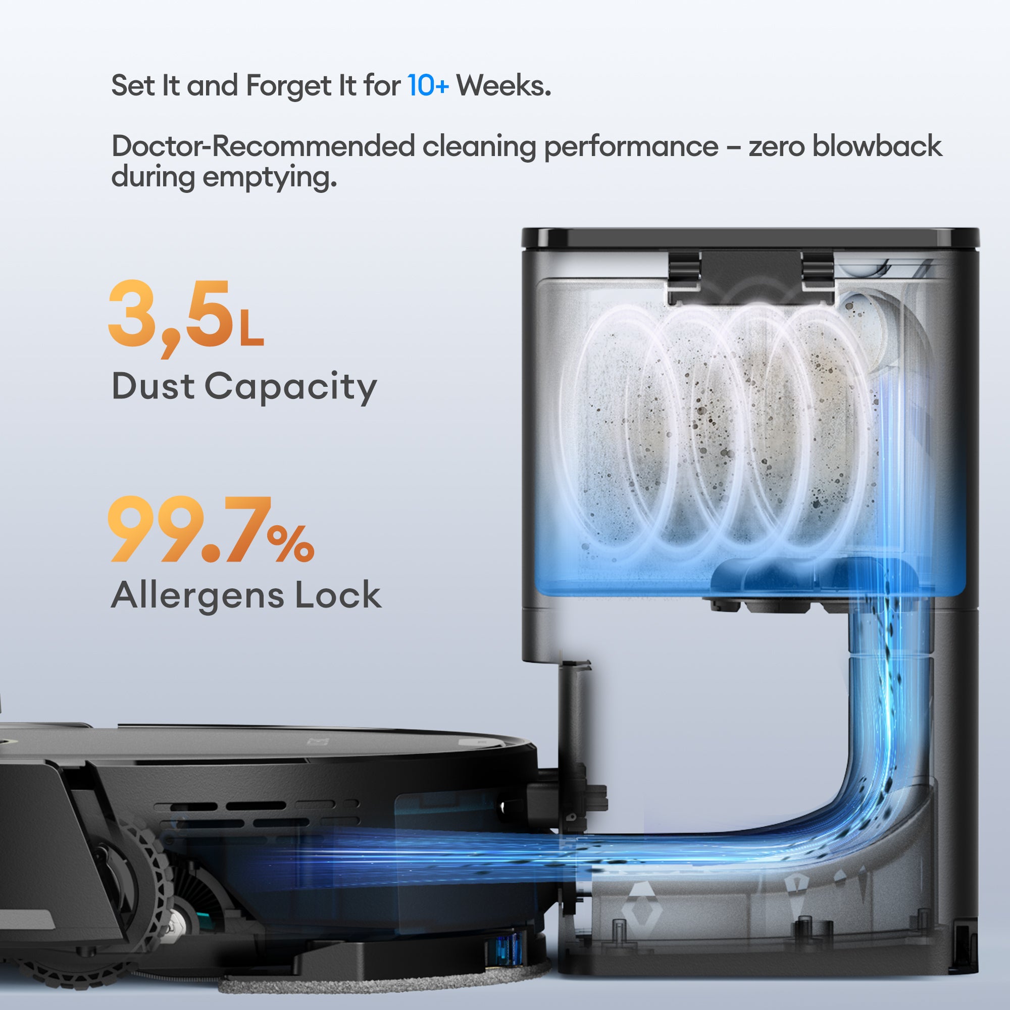 Ultenic T20 Pro self-emptying base with 3.5L dust bag for 10 weeks of cleaning