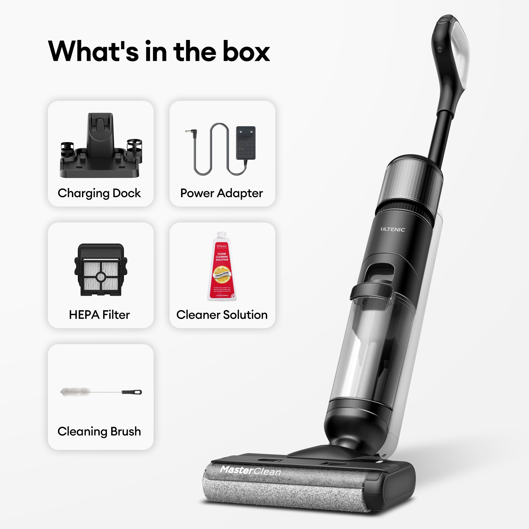 Ultenic AC1 Elite vacuum cleaner accessories set including roller brush, filter and charging base