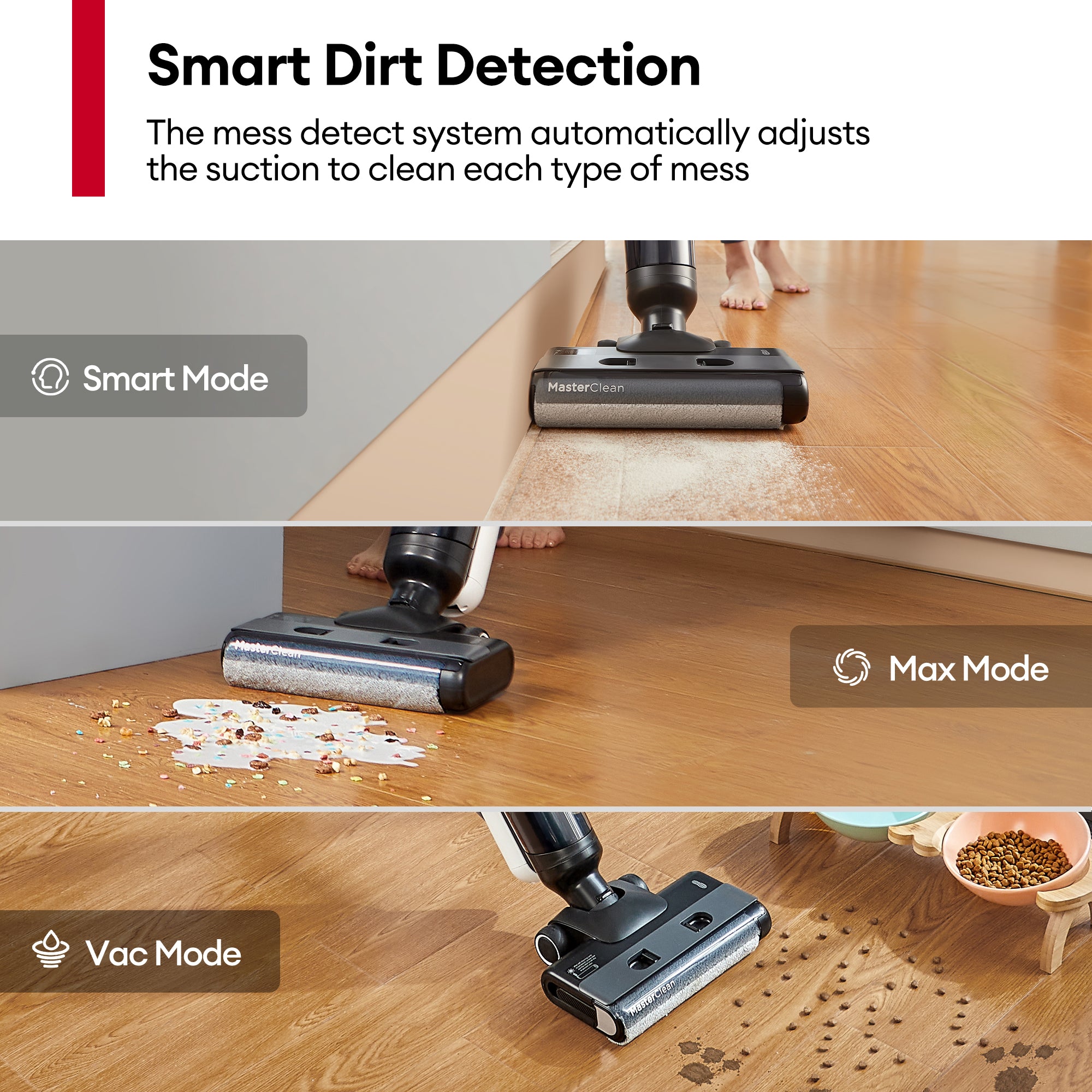 Ultenic AC1 Elite vacuum cleaner removing dust and spills on hardwood floor