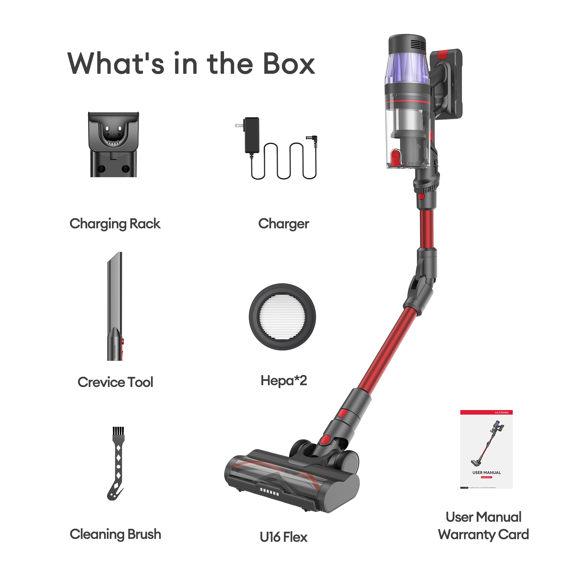 Ultenic U16 Flex cordless vacuum accessories with crevice tool and wall mount