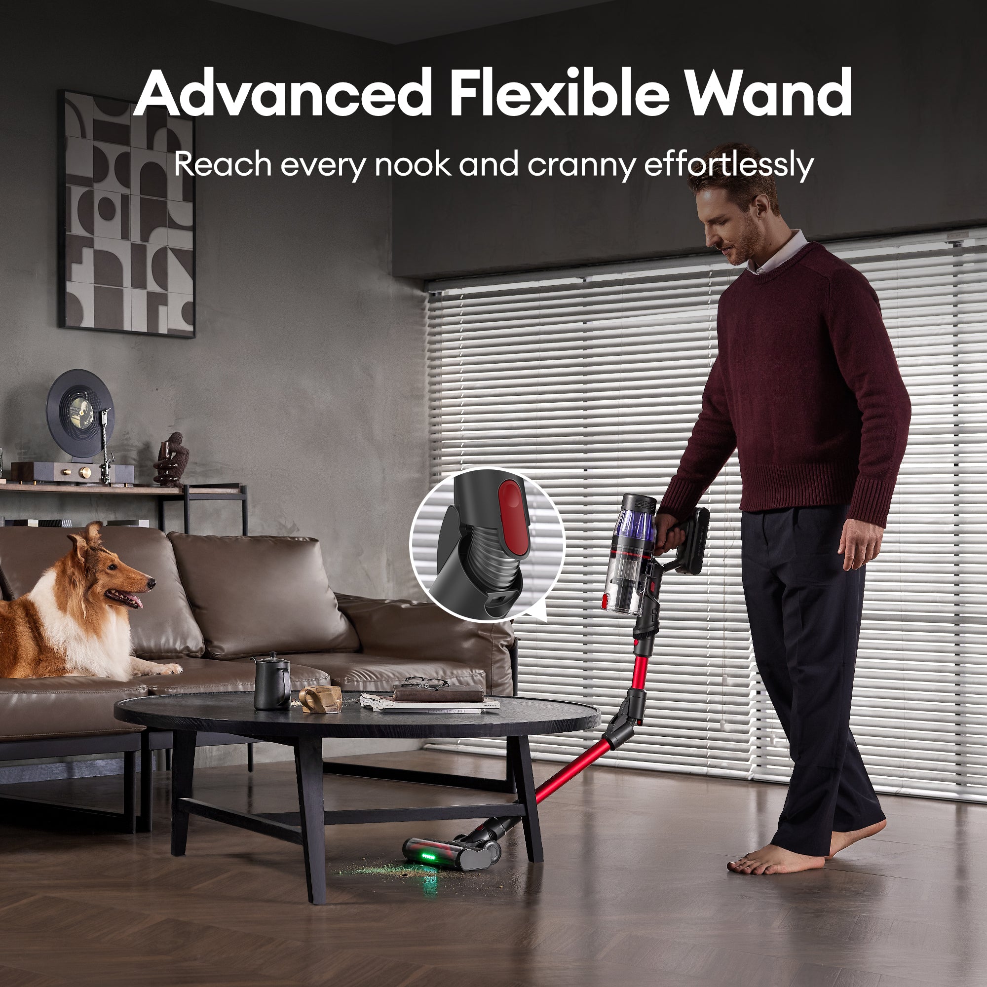 Ultenic U16 Flex vacuum using its flexible wand to clean under furniture