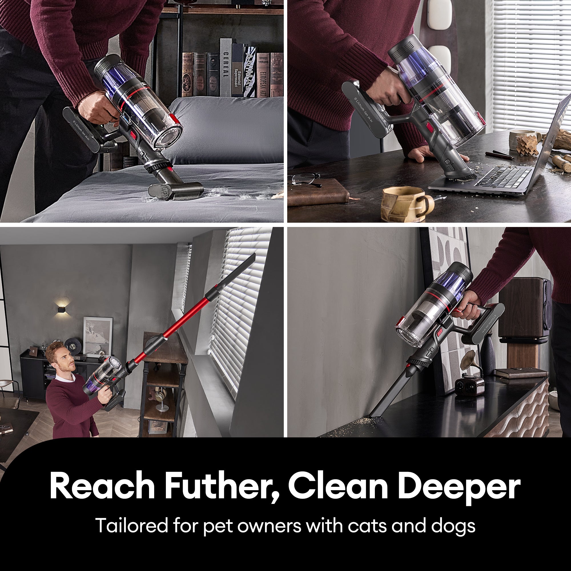 Person cleaning a modern living room with the Ultenic U16 Flex cordless vacuum